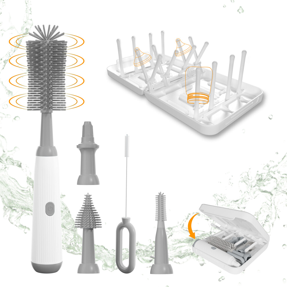 (D) NB3 Portable Electric Baby Bottle Brush Set for Home Travel Pacifier Cleaner with Draining Rack (BPA Free,No FDA)