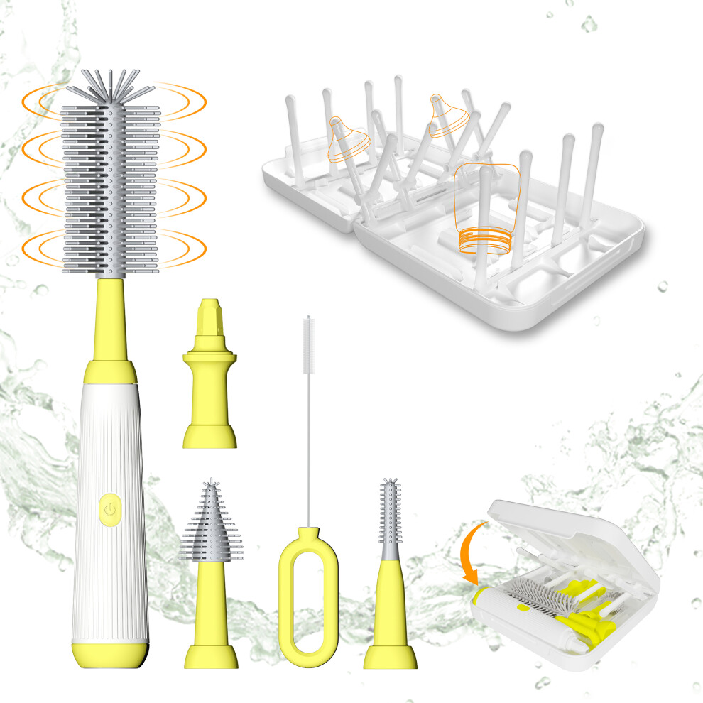(C) NB3 Portable Electric Baby Bottle Brush Set for Home Travel Pacifier Cleaner with Draining Rack (BPA Free,No FDA)