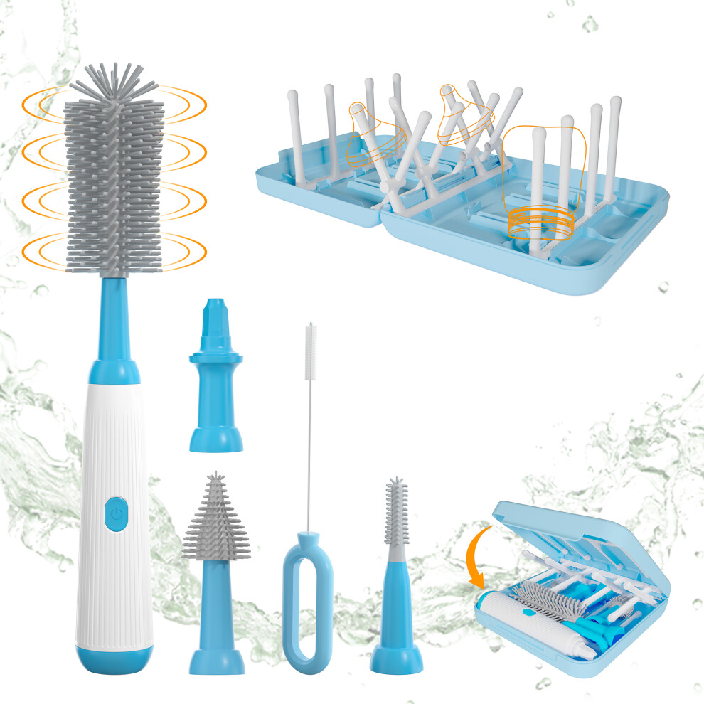 (A) NB3 Portable Electric Baby Bottle Brush Set for Home Travel Pacifier Cleaner with Draining Rack (BPA Free,No FDA)