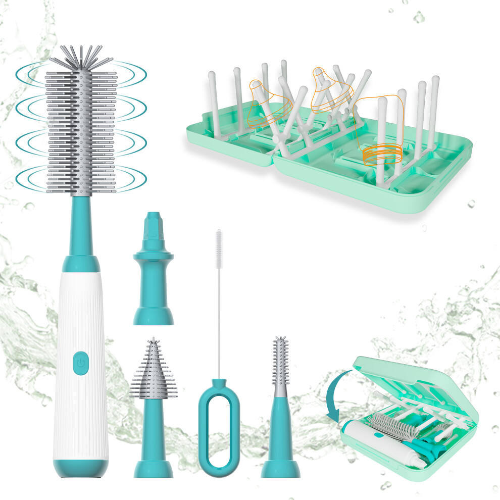 (E) NB3 Portable Electric Baby Bottle Brush Set for Home Travel Pacifier Cleaner with Draining Rack (BPA Free,No FDA)