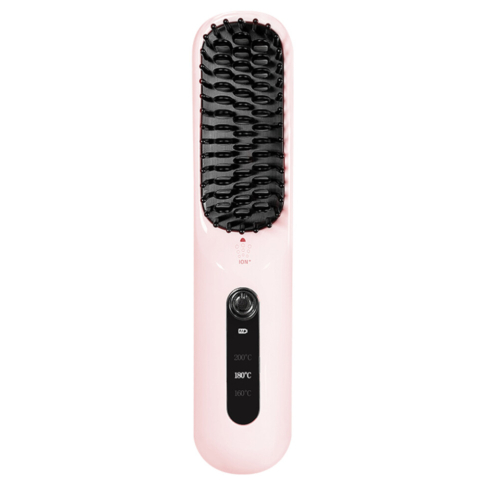 (Pink) FY-H128 Wireless Hair Straightener Brush Straightening/Curling Ionic Portable Styling Tool