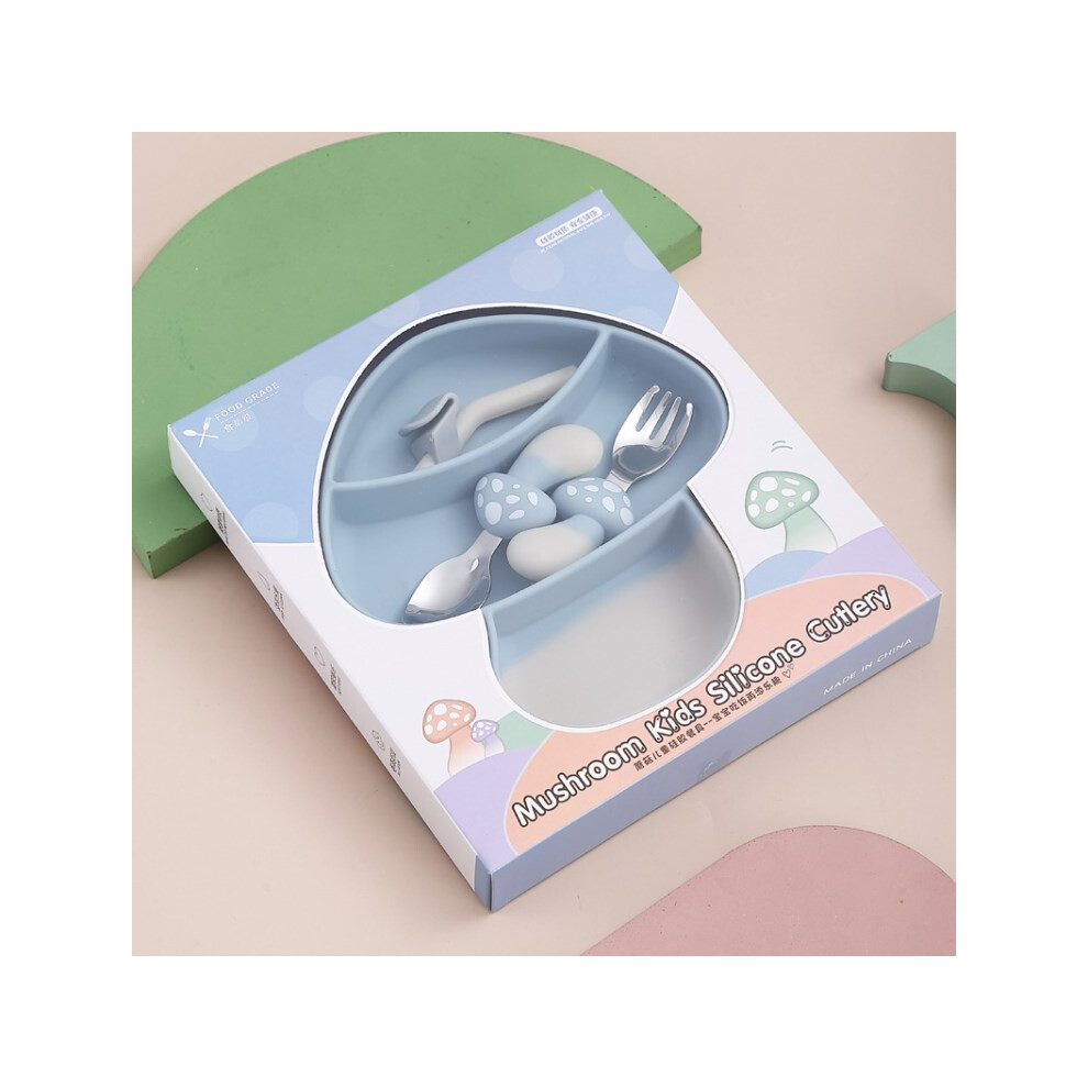(Blue) Cute Mushroom Baby Silicone Divided Plate Set Suction Feeding Dish Utensils Bpa Free Blue