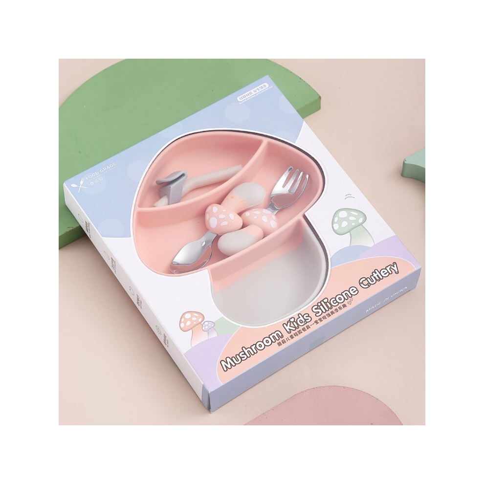 (Pink) Cute Mushroom Baby Silicone Divided Plate Set Suction Feeding Dish Utensils Bpa Free Pink