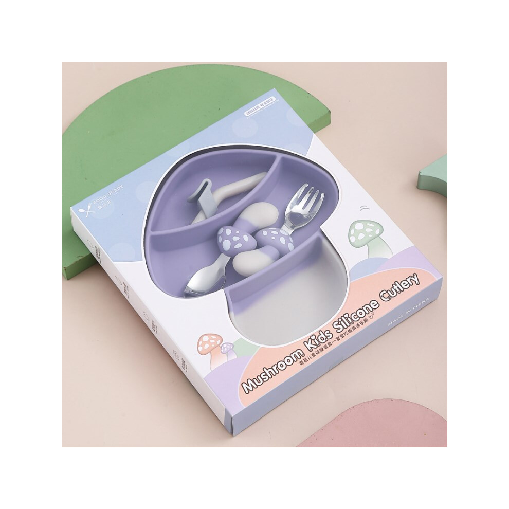 (Purple) Cute Mushroom Baby Silicone Divided Plate Set Suction Feeding Dish Utensils Bpa Free Purple