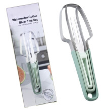 (Green) Stainless Steel 3-in-1 Watermelon Cutter Slicer Fork Tool Set Kitchen Gadget (BPA Free,No FDA)