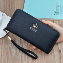 x001-11 Leaf Shape Metal Decor Litchi Texture PU Leather Cellphone Purse Women Clutch Long Wallet with Hand Strap