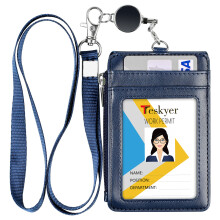 Zipper Pocket Card Case Bag PU Leather Name Badge Holder with Neck Strap and Retractable Buckle