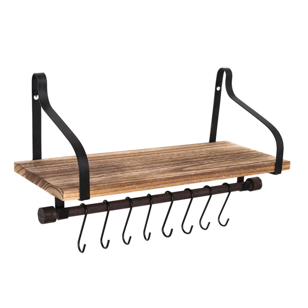 Simple Floating Wooden Rack Carbonized Wood Board Iron Art Wall Mount Storage Shelf With S Hooks 6914276087068