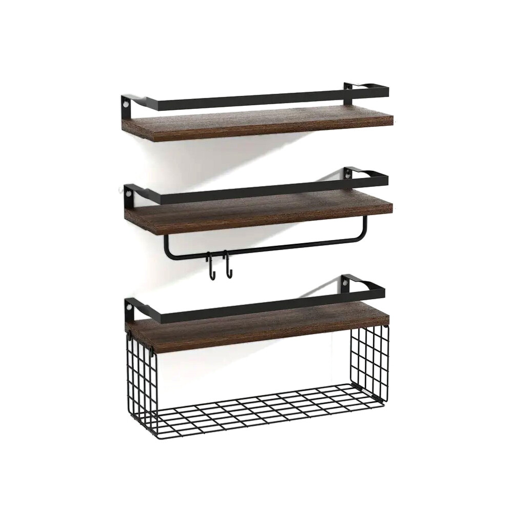 3Pcs/Set Wall Mounted Floating Shelves Wood Board Iron Basket Towel Rack Storage Shelf 6914278885143