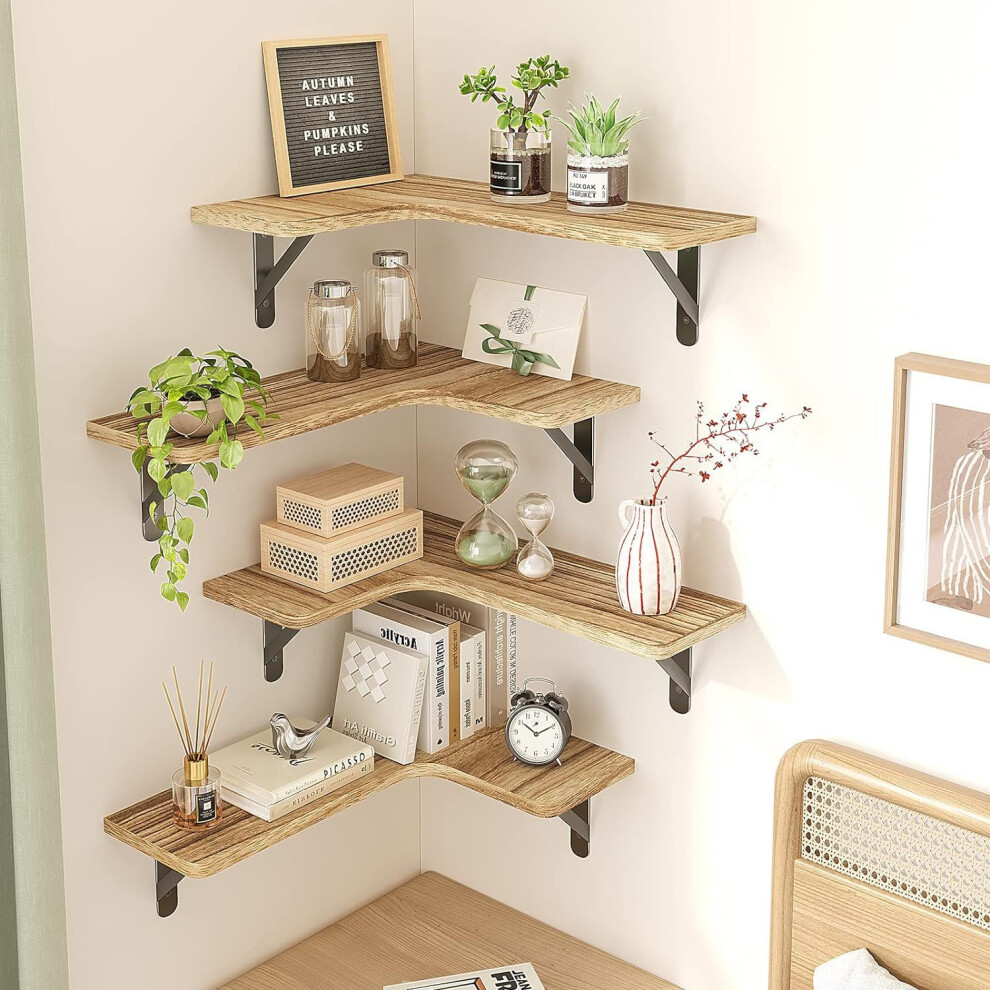 4Pcs/Set Floating Corner Shelves Wall Mounted Wood Storage Rack For Kitchen Bathroom Living Room 6914272194654