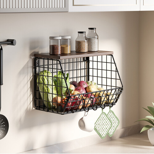 Wall Mounted Kitchen Storage Rack Large Size Thickened Iron Wood Organizer Foldable Vegetable Fruit Basket 2