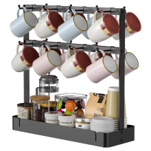 Movable 16 Hooks Cup Holder Carbon Steel Kitchen Counter Coffee Mug Organizer Rack with Draining Basket