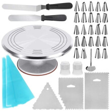 35-in-1 12-inch Aluminium Alloy Cake Turntable with Icing Spatula Smoother Pastry Nozzles (BPA Free,No FDA Certificate)