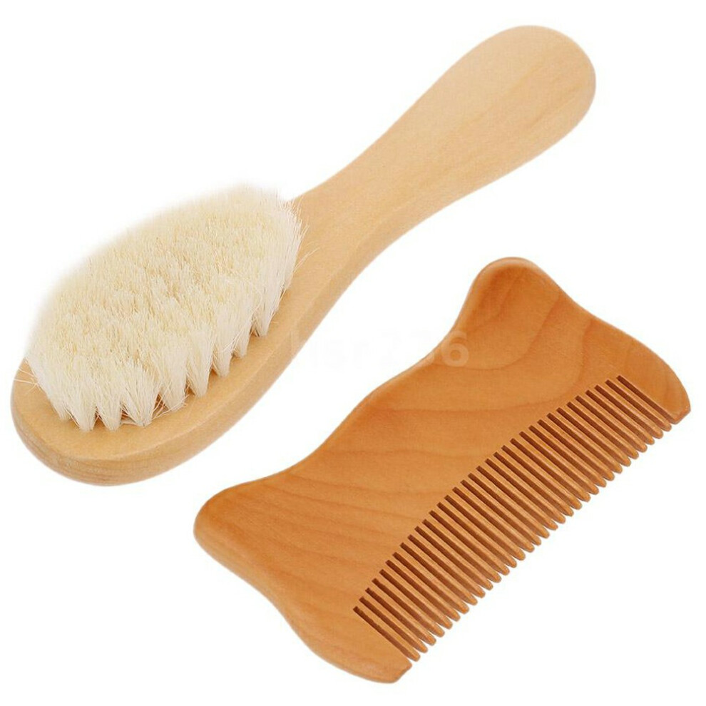 Small Baby Wool Brush and Cat Ear Wooden Comb Set Soft Bristles Brush for Newborns/Infants/Toddlers Scalp Massage
