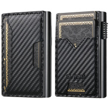SUTENI Double-Sided Card Holder Carbon Fiber Texture PU Leather+Metal Automatic Pop-Up Card Case