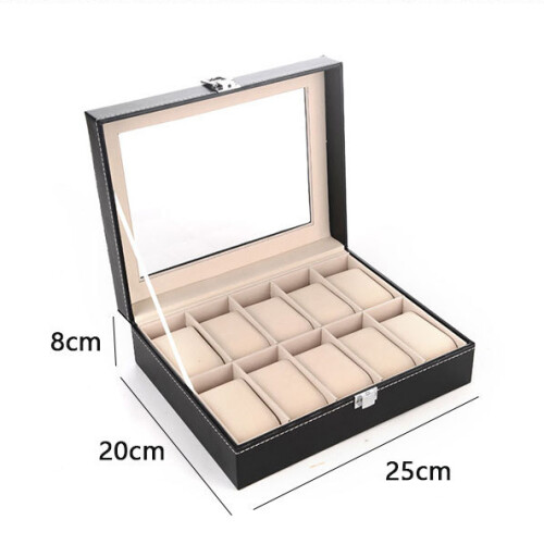 10 Compartments Watch Organizer Box PU Leather Glass Top Display Case 2