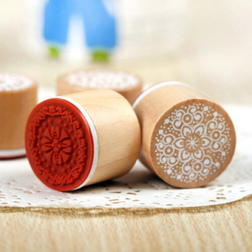 6Pcs/Set Round Retro Wood Seals Stamps Lace Pattern Design 1