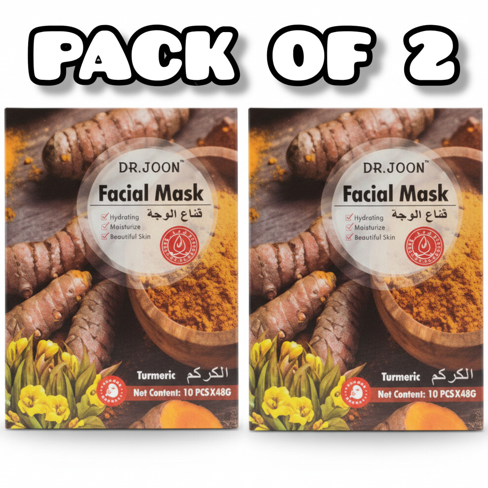 (PACK OF 2) Dr. Joon Turmeric Facial Mask | Hydrating, Moisturizing & Soothing Face Sheet Mask for Glowing, Beautiful Skin 10 PCS x 48g Each