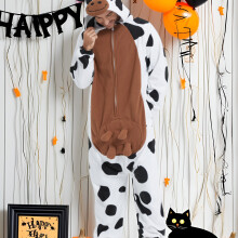 (Multicolor, 38) Men's Funny Cow Plush Cartoon Onesie Winter Warm Animal Pajamas Hooded Sleepwear Halloween Costume Christmas Party Wear