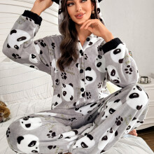 (Grey, 8) Cute Ears Decor Hooded Plush Panda Print Women's Onesie Sleepwear, Home Comfort Wear, Bedtime Outfit, Playful Design