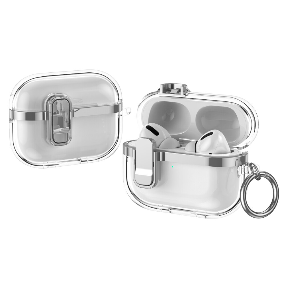 (Silver) For Apple Airpods Pro Case With Lock Buckle Tpu + Silver 6914279112323