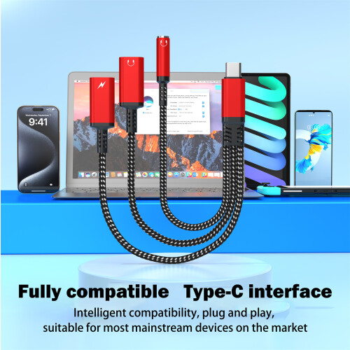 (Red) 60W Type-C to 3.5mm + Type-C Headphone + Type-C PD 1