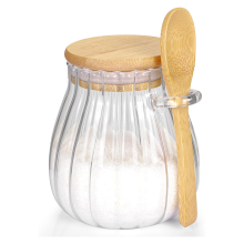 Azucarero con Tapa de Bambú y Cuchara, Azucarero, Tarro Cristal para Accesorios Cafetería, Café, Cocina, 600Ml