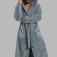 (Smoky Blue - Hooded, One-size) Warm & Cozy Hooded Bathrobe with Pockets, Adjustable Waistband - 25AW Home Trend - Winter Edition - Plush Robe - 8 Colors Available