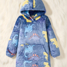 (Blue, 5Y) Boys' Hooded Flannel TV Blanket, Cute Animal Patterns, Suitable for Home Wear and Casual Parties, Easy to Put On/Off with Pocket Design Long