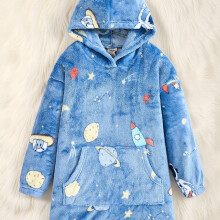 (Sky Blue, 4Y) Boys' Hooded Flannel TV Blanket, Cute Animal Patterns, Suitable for Home Wear and Casual Parties, Easy to Put On/Off with Pocket Design Long