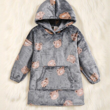(Grey, 6Y) Boys' Hooded Flannel TV Blanket, Cute Animal Patterns, Suitable for Home Wear and Casual Parties, Easy to Put On/Off with Pocket Design Long