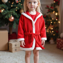 (Red, 6Y) 1pc Girls' Red Christmas Pajama & Robe with Hooded Collar & White Trim - Soft Warm Sleepwear for 4-7 Years, Machine Washable All-Season Holiday Outfit