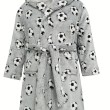 (Grey, 3-4Y) Boys' Soccer-Themed Flannel Robe - Cozy Hooded Bathrobe with Pockets, Black & White Football Design, Perfect for Fall/Winter, Casual Sleepwear