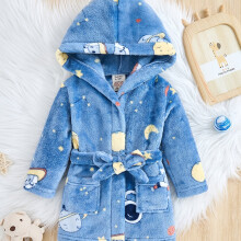 (Blue, 4Y) Winter Warm Hooded Sleep Robe for Boys, Space Element Pattern Soft Polyester Plush Pajama with Belt and Cuffs, 6 Months to 7 Years Regular Fit
