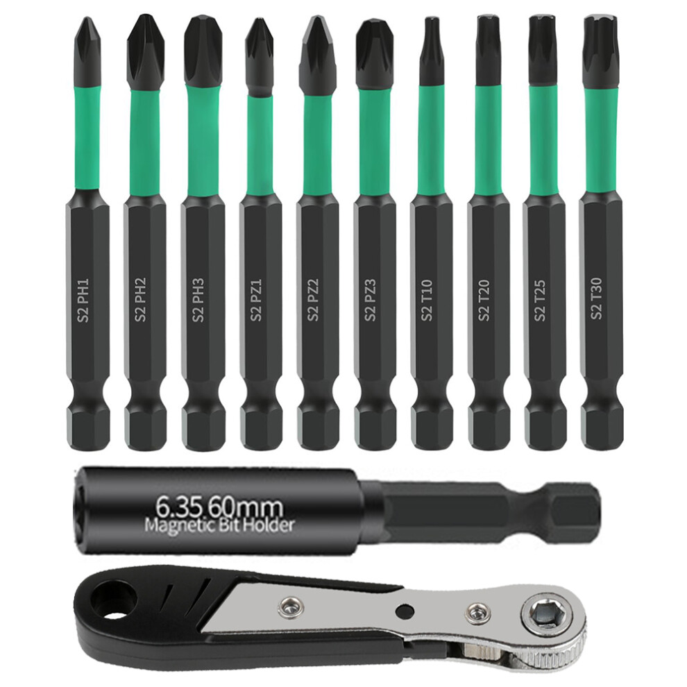 12Pcs/Set S2 Alloy Steel Phillips Pozidriv Torx Electric Drill Bits With Ratchet Wrench And Magnetic Bit Holder 6914279391797