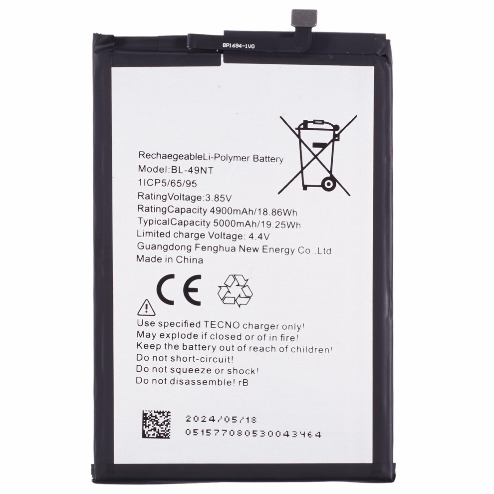 For TECNO Spark Go 2023 4G/Pop 7 Pro 4G 3.85V 4900mAh Li-Polymer Battery Assembly Part (Without Logo) (Encode: BL-49NT)
