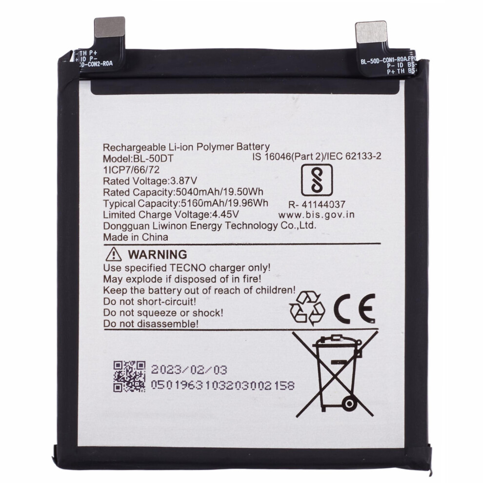 For Tecno Phantom X2 Pro 5G/Phantom X2 5G 3.87V 5040Mah Li-Polymer Battery Assembly Part (Without Logo) (Encode: Bl-50Dt) 6914276234110