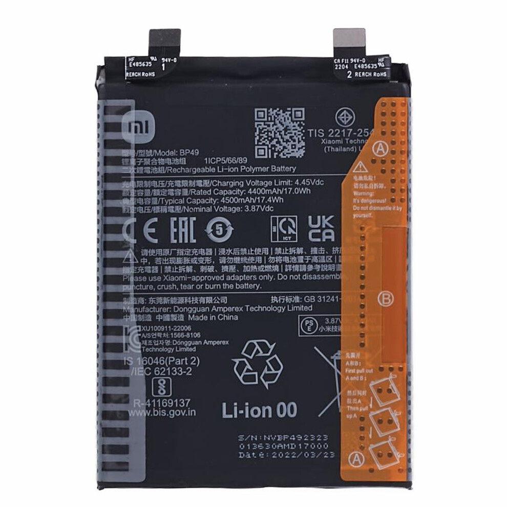 For Xiaomi Redmi K40s 5G/Poco F4 5G 3.87V 4400Mah Li-Ion Polymer Battery Assembly Part (Encode: Bp49) 6914279911544