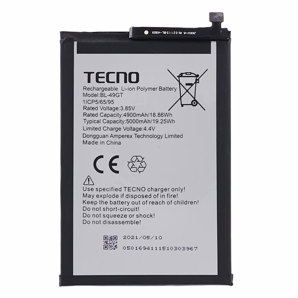 For Tecno Camon 17 4G 3.85V 4900Mah Li-Ion Polymer Battery Assembly Part (Encode: Bl-49Gt) 6914272443141