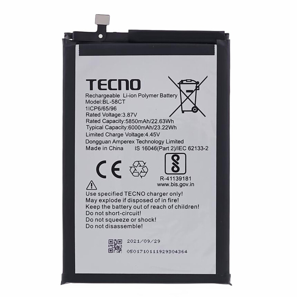 For TECNO Spark 7 4G/7T 4G 3.87V 5850mAh Li-Ion Polymer Battery Assembly Part (Encode: BL-58CT)