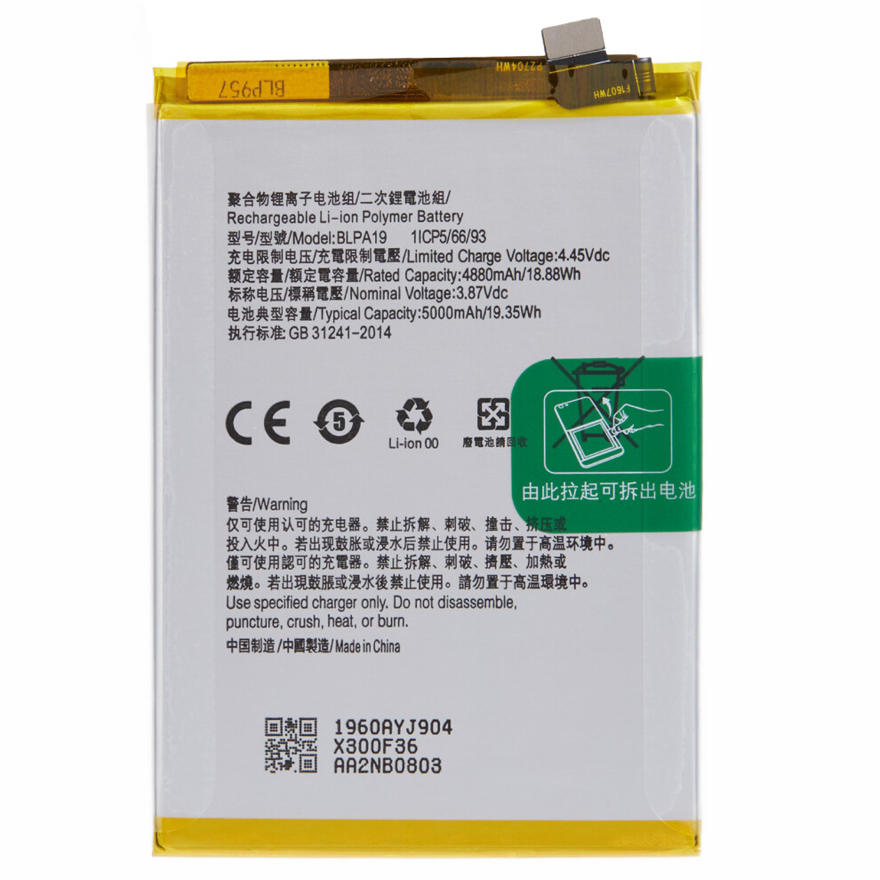 For Oppo A58 4G/A38 4G 3.87V 4880Mah Li-Ion Polymer Battery Assembly Part (Encode: Blpa19) (Without Logo) 6914275175957