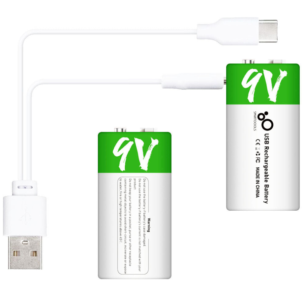 Smartoools 2Pcs 9V 650Mah Rechargeable Battery Type-C Charging 1.5H Rapid Recharge Lithium-Ion Battery 6914276109647