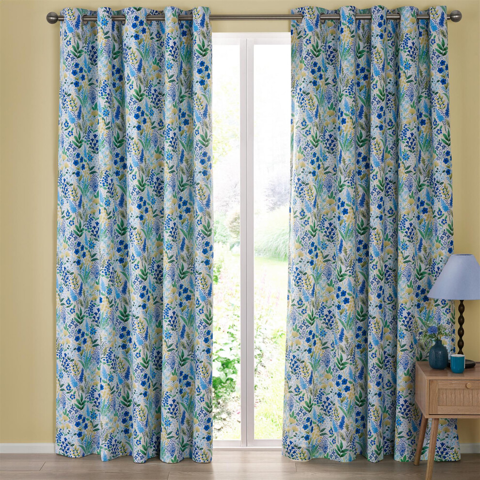 Catherine Lansfield Blue Tilly Floral Fully Reversible Eyelet Curtains - 66X90 Inch - Image 2