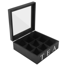 Teebox aus Holz mit 9 Fächern, Aufbewahrungsbehälter, quadratisch, Geschenkbox, transparenter Deckel, Schmuckschatulle, Schwarz