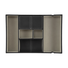 Valet Tray für Männer, Tablett, Nachttisch-Organizer, Tisch-Ladestation, Catch All, Kommode, schwarzes Kunstleder, 6 Fächer