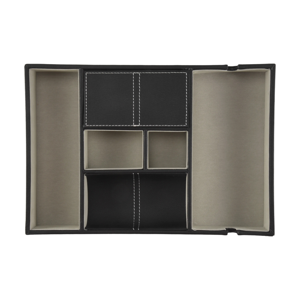 Exogio Valet Tray For Men, Tray, Nightstand Organizer, Table Charging Station, Catch All, Dresser Black Faux Leather, 6 Compartments