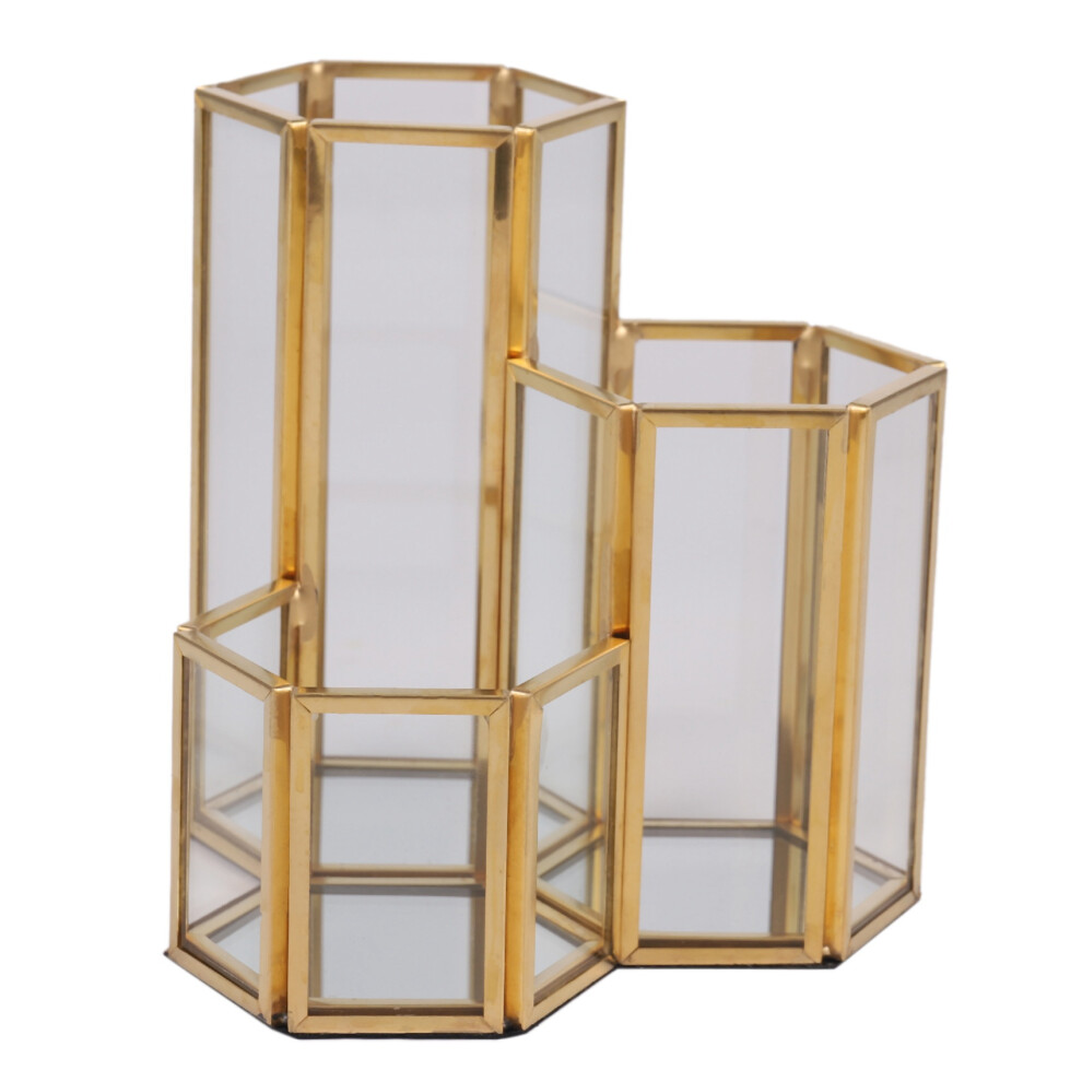 Exogio Glass Copper Hexagon Composite Pen Holder Makeup Brush Box Multifunction Desktop Organizer Office Accessories