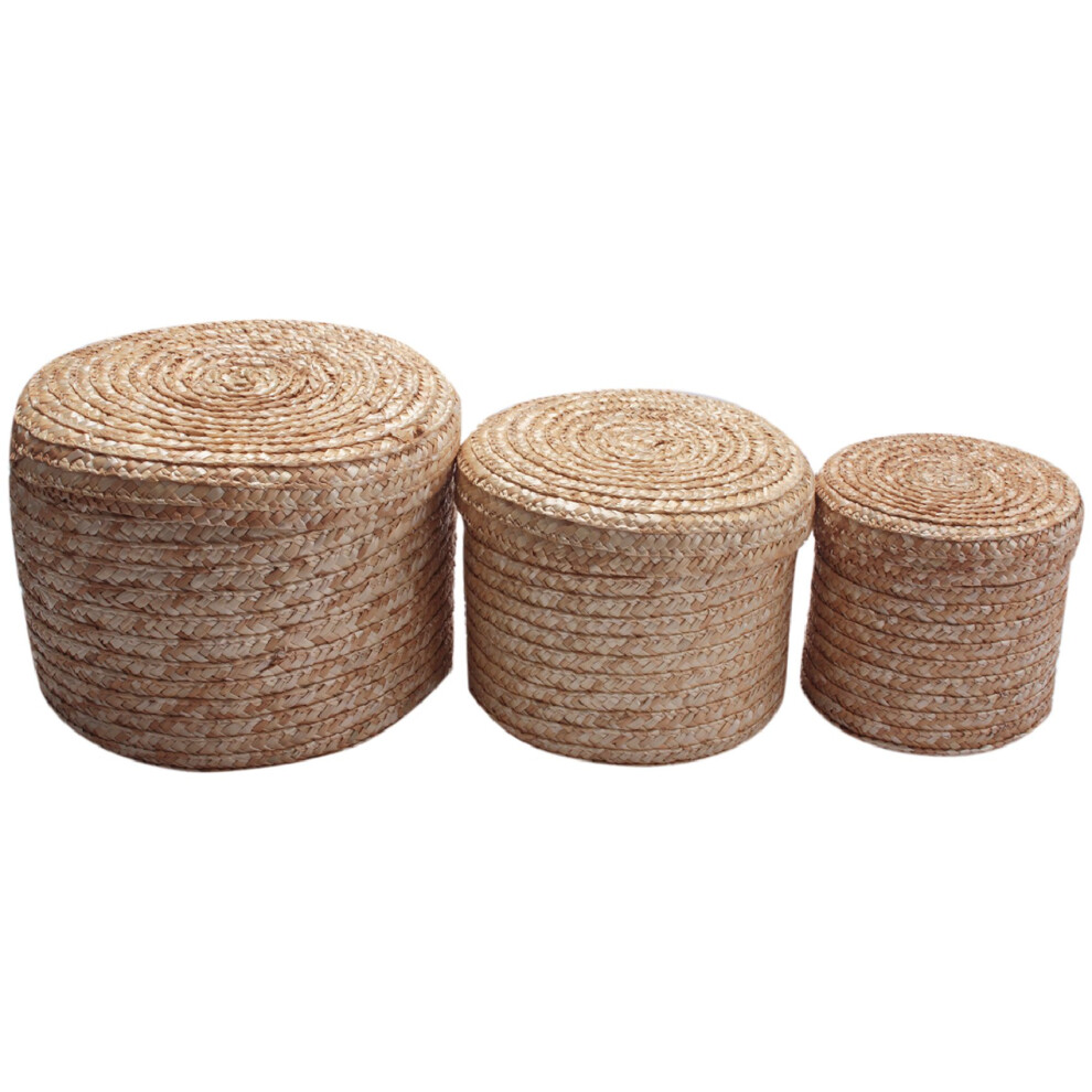 3 Pcs/Set Handmade Straw Woven Storage Basket With Lid Snack Organizer Box Laundry Baskets Rattan Flower Exogio