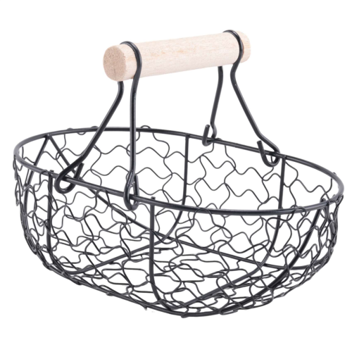 Wooden Handle Metal Retro Basket Portable Multi-Function Vegetable Fruit Egg Groceries Practical Storage Organizer Black 2