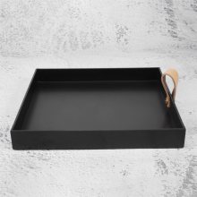 Vassoio da portata quadrato in pelle PU, piatto decorativo per cosmetici, articoli vari, piatto da scrivania con manico (nero)